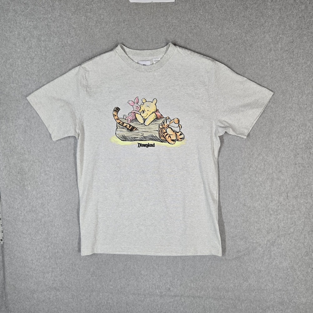 Disney Men Shirt M Gray Striped Winnie Pooh Logo Short Sleeve Graphic Print